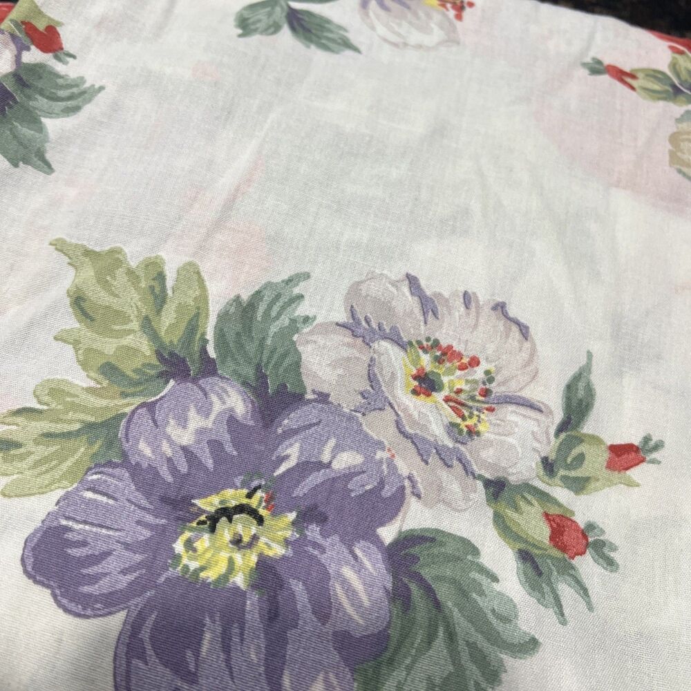 Cannon Queen Flat Sheet Vintage Floral Red Purple White Green USA
